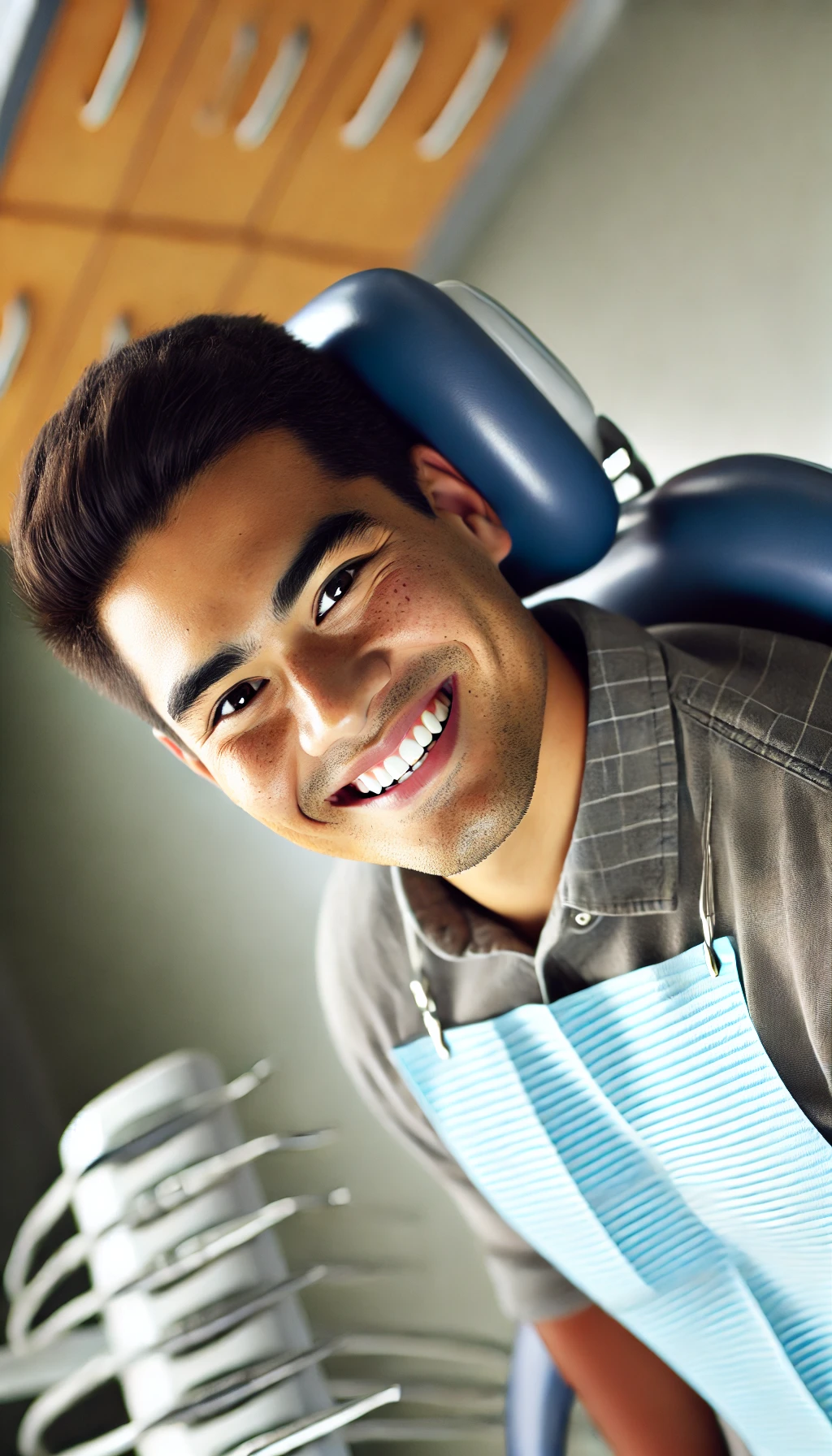 A portrait of a happy Maori dental patient lying comfortably in a dental chair smiling with a sense of ease ready for a dental examination. The pati