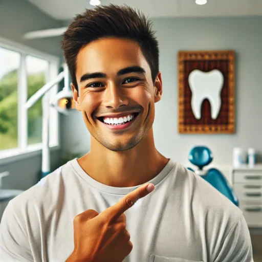 Maori individual with a bright healthy smile pointing to the left with one hand